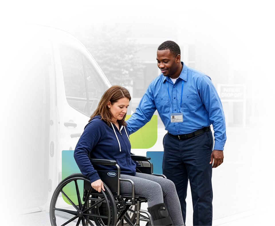 A transportation driver assisting a patient near a van